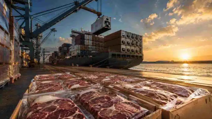 Cajas con cortes premium de carne vacuna argentina envasados al vacío sobre pallets de exportación en un puerto, con un buque portacontenedores y grúas cargando contenedores refrigerados al atardecer.