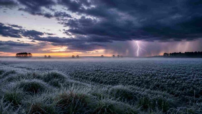 Campo argentino cubierto de escarcha al amanecer, con neblina baja, tormenta oscura en el horizonte y dos relámpagos sobre la llanura.