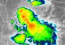 El SMN alertó a 10 provincias por tormentas fuertes con granizo y lluvias Imagen satelital meteorológica con núcleos de tormentas intensas sobre el centro y norte de Argentina, representados con colores verdes, amarillos y rojos sobre una base infrarroja en escala de grises.