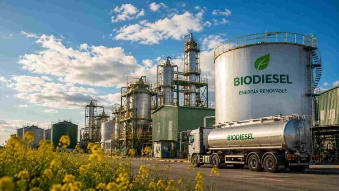 industria-biodiesel-planta-produccion-argentina Planta industrial de biodiesel con tanques de almacenamiento, camión cisterna y cultivo oleaginoso en primer plano, representando la producción de energía renovable de origen agroindustrial