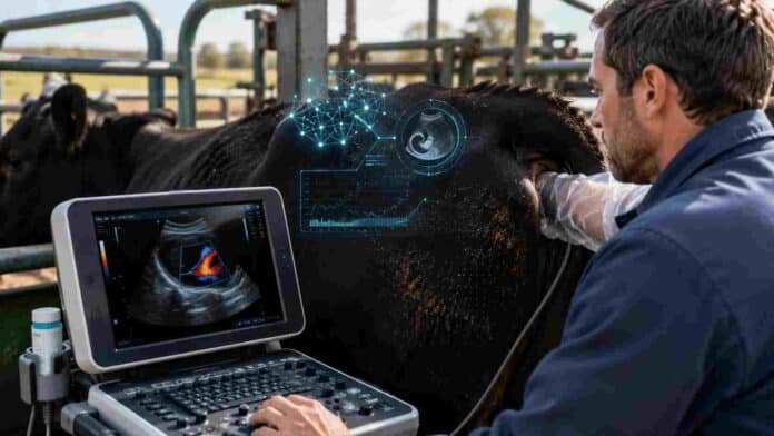 inta-ecografia-inteligencia-artificial-prenez-bovina Veterinario realiza ecografía color con inteligencia artificial para detectar preñez temprana en una vaca bovina.