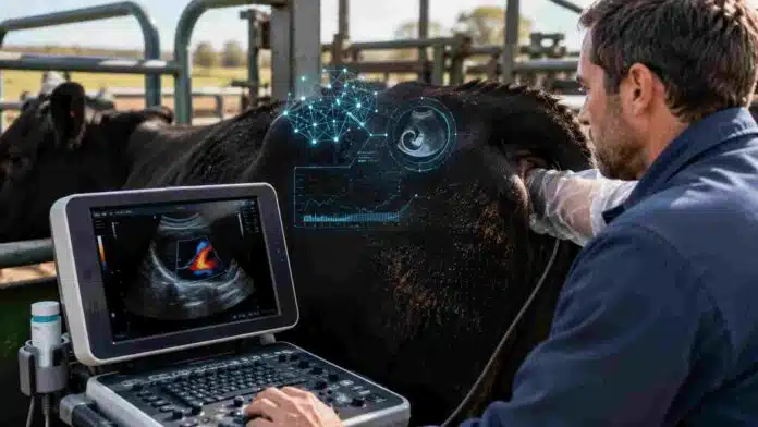 Veterinario realiza ecografía color con inteligencia artificial para detectar preñez temprana en una vaca bovina.