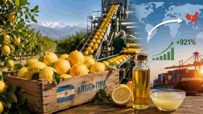 limon-argentino-exportaciones-china-record-citricos-2026 Cosecha y procesamiento de limones argentinos destinados a exportación, con cajas de fruta fresca, aceite esencial de limón y contenedores portuarios que representan el fuerte crecimiento de las ventas hacia China y otros mercados internacionales.