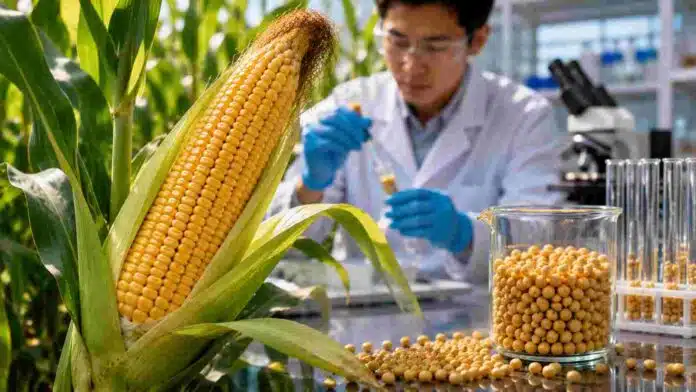 Espiga de maíz desarrollada mediante investigación biotecnológica junto a muestras de soja y equipamiento de laboratorio, representando avances genéticos para aumentar el contenido proteico del cultivo.