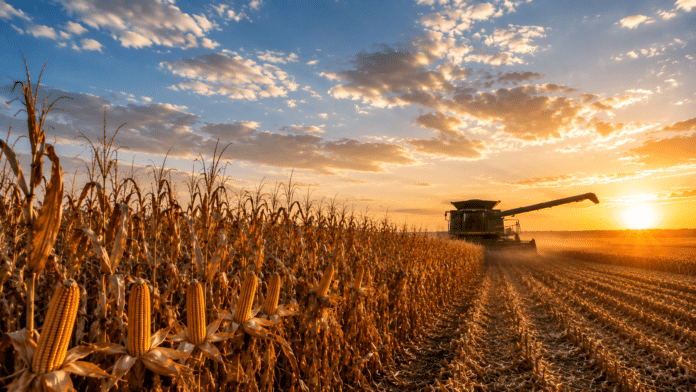 maiz-cosecha-mercado-climatico-coberturas Cosecha de maíz al atardecer con una cosechadora trabajando en el lote, en un contexto de mercado climático y análisis de coberturas agrícolas.