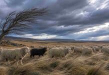 El SMN alerta por vientos de hasta 90 km/h en el extremo sur de la Patagonia Majada de ovejas Corriedale en la meseta patagónica con viento fuerte, una oveja negra destacada y cielo frío nublado.