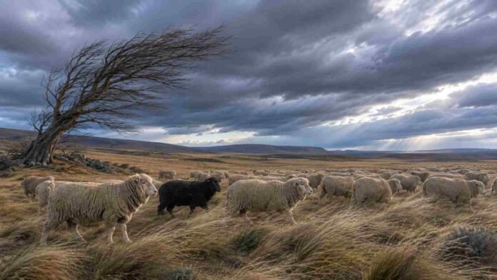 Majada de ovejas Corriedale en la meseta patagónica con viento fuerte, una oveja negra destacada y cielo frío nublado.