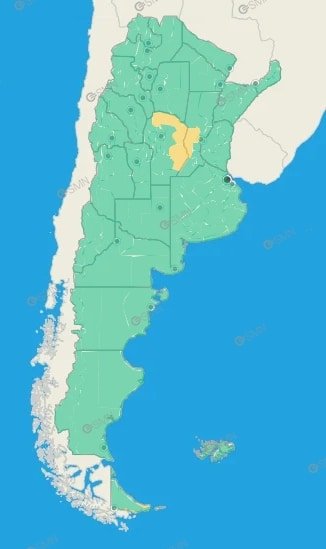 Mapa de Argentina con alerta meteorológica por tormentas. La mayor parte del país se encuentra bajo vigilancia por fenómenos meteorológicos, con un área destacada en color amarillo en el centro del territorio que indica mayor nivel de atención por tormentas y lluvias.