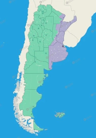 Mapa de Argentina con regiones diferenciadas por colores para representar un pronóstico climático o distribución de condiciones meteorológicas, destacando áreas del centro, norte y litoral del país.