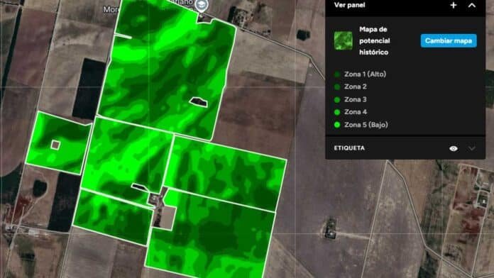 Mapa digital de potencial productivo por ambientes generado con xarvio Field Manager, mostrando variabilidad intra-lote y zonas de rendimiento en un establecimiento agrícola argentino