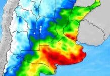 Pronóstico de lluvias hasta el 15 de junio Mapa de precipitaciones acumuladas en Argentina con escala en milímetros, colores vívidos y zonas de mayor lluvia destacadas sobre el centro y este del país.