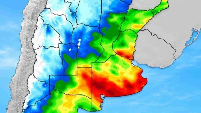 Mapa de precipitaciones acumuladas en Argentina con escala en milímetros, colores vívidos y zonas de mayor lluvia destacadas sobre el centro y este del país.