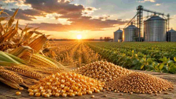 Vista panorámica de maíz, soja y trigo con silos de almacenamiento al atardecer, representando el mercado de commodities agrícolas.
