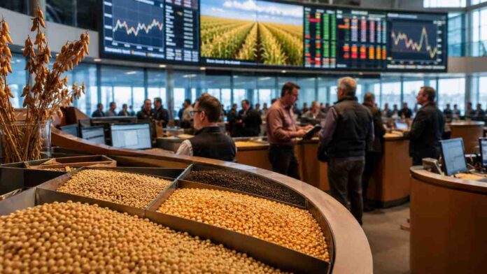 mercado-granos-formato-nuevo-ruralnet Mercado de granos con soja, maíz y trigo en un entorno moderno de comercialización agrícola