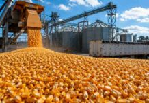 Granos: la soja sostuvo el mercado local mientras Chicago cerró en baja por la presión de los fondos y el dólar fuerte Maíz descargándose en una planta de acopio con silos y camión durante la comercialización de granos.