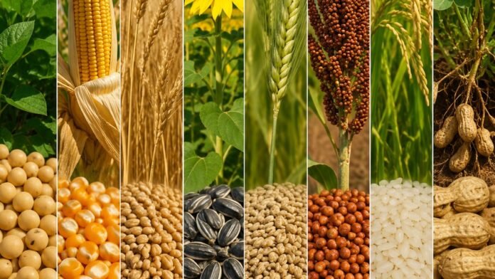 mercado-granos-principales-cultivos-argentina-ruralnet Composición horinzontal con soja, maíz, trigo, girasol, cebada, sorgo, arroz y maní representando los principales granos de la producción agrícola argentina.