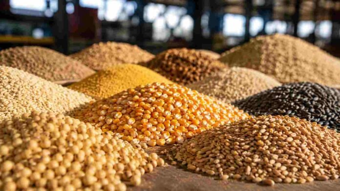 Granos de soja, maíz, trigo y girasol separados en montículos dentro de un mercado de granos.