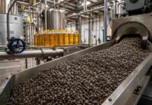 La molienda de girasol alcanzó un récord y ya representa casi el 13% del procesamiento de oleaginosas Planta industrial de molienda de girasol con semillas avanzando por una cinta transportadora y botellas de aceite en el fondo.