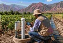 El INTA descubrió que muchos productores del NOA están usando el agua subterránea sin saber cuánta les queda Técnico realizando monitoreo de agua subterránea en un sistema de riego agrícola del noroeste argentino, con cultivos irrigados y paisaje de valle árido de montaña al fondo.
