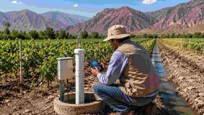 Técnico realizando monitoreo de agua subterránea en un sistema de riego agrícola del noroeste argentino, con cultivos irrigados y paisaje de valle árido de montaña al fondo.