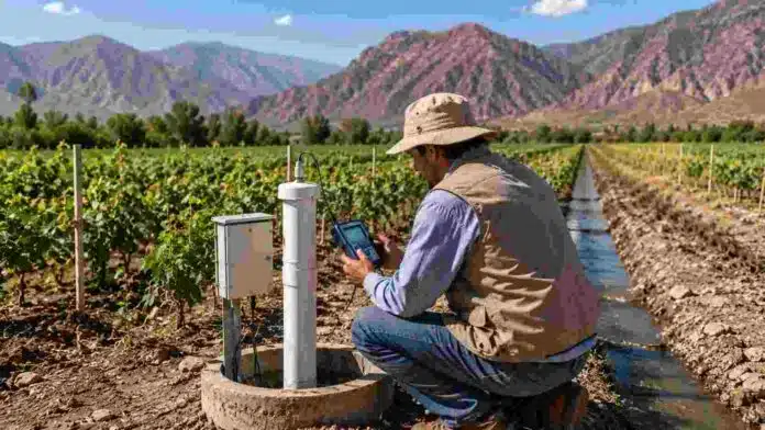 monitoreo-acuiferos-riego-inta-noa-ruralnet Técnico realizando monitoreo de agua subterránea en un sistema de riego agrícola del noroeste argentino, con cultivos irrigados y paisaje de valle árido de montaña al fondo.