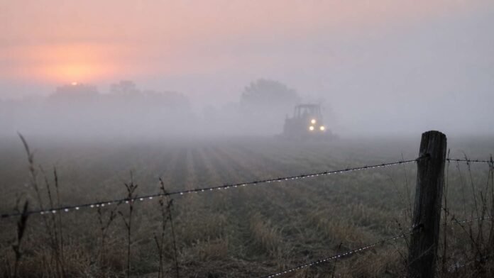 Campo agrícola de la región pampeana cubierto por una densa niebla al amanecer, con un tractor de luces encendidas avanzando entre el rastrojo, alambrado con gotas de rocío en primer plano y luz rosada filtrándose en el horizonte.