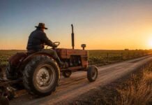 Paritaria rural 2026: cuánto cobra un peón general, un tractorista y un operador de fumigadora en junio y julio Peón rural argentino con camperón conduciendo un antiguo tractor Fiat por un camino rural al amanecer, junto a un cultivo extensivo de soja en la llanura pampeana bajo luz dorada de invierno.