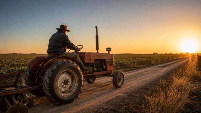 Peón rural argentino con camperón conduciendo un antiguo tractor Fiat por un camino rural al amanecer, junto a un cultivo extensivo de soja en la llanura pampeana bajo luz dorada de invierno.