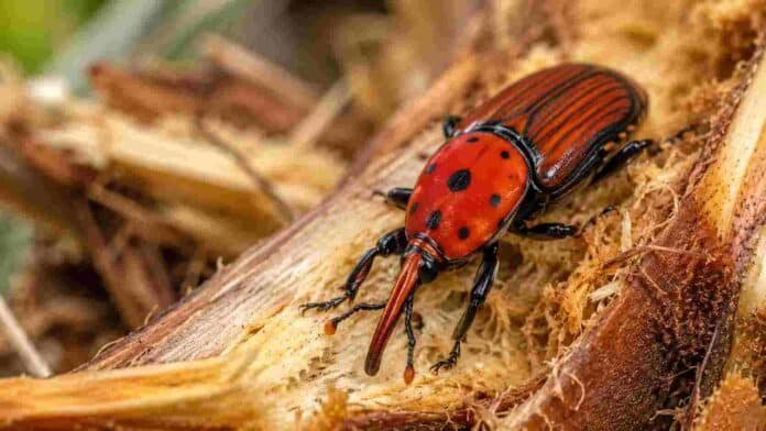 Picudo rojo de las palmeras sobre fibras vegetales dañadas, una plaga invasora que perfora el tronco y afecta gravemente a las palmeras.