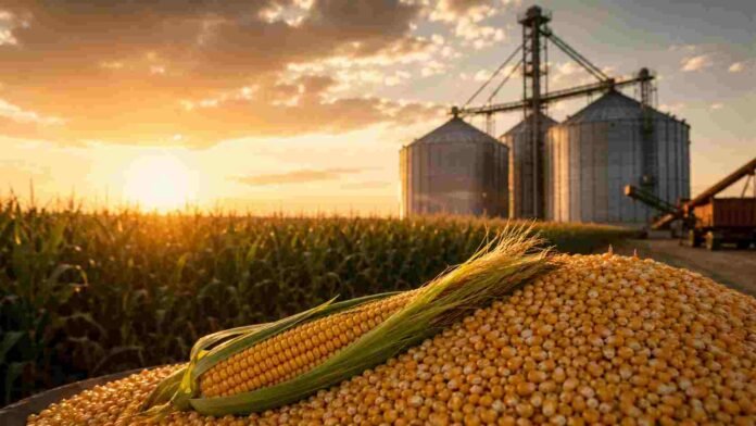 precio-maiz-chicago-minimos-mercado-ruralnet Mazorca y granos de maíz en primer plano frente a silos de almacenamiento y un cultivo de maíz al atardecer, representando el mercado internacional del cereal y la evolución de los precios en Chicago.