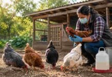 Influenza aviar en el traspatio: cómo reconocerla y por qué notificar al SENASA es clave Persona con barbijo y guantes revisa una gallina en un gallinero familiar, como medida de prevención sanitaria frente a la influenza aviar en aves de traspatio.