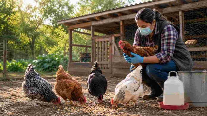 prevencion-influenza-aviar-aves-traspatio Persona con barbijo y guantes revisa una gallina en un gallinero familiar, como medida de prevención sanitaria frente a la influenza aviar en aves de traspatio.