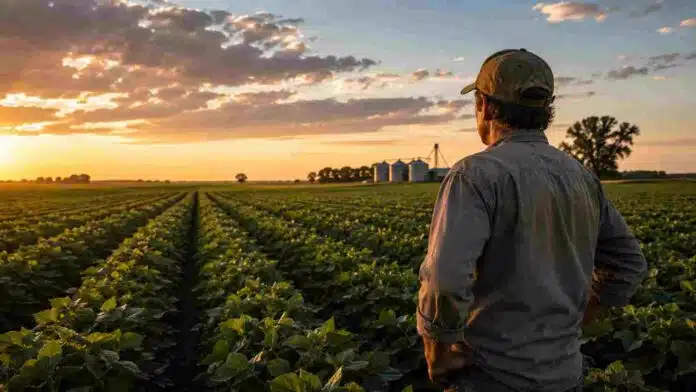 Productor agropecuario observa un cultivo al atardecer, imagen representativa del impacto de la carga fiscal en el agro argentino.