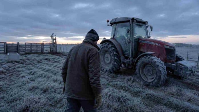 Productor agropecuario abrigado caminando hacia un tractor Massey Ferguson cubierto de escarcha en un campo argentino con helada intensa, cielo gris y luz fría de amanecer