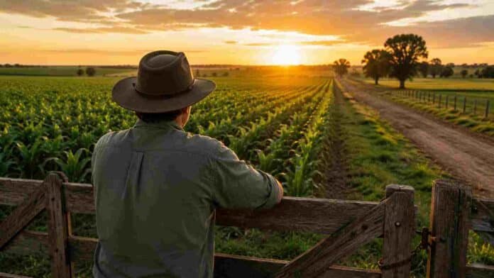 productor-campo-impuestos-retenciones-agro Productor rural observa un lote agrícola al atardecer en una escena vinculada a la presión fiscal, las retenciones y los impuestos al agro.