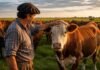 La ciencia lo confirmó: las vacas recuerdan a quienes las cuidan y eso cambia el manejo ganadero Productor ganadero con camisa a cuadros y boina acariciando una vaca Hereford en un potrero de pastura natural, rodeado de bovinos bajo la luz cálida del atardecer en la región pampeana.