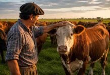 La ciencia lo confirmó: las vacas recuerdan a quienes las cuidan y eso cambia el manejo ganadero Productor ganadero con camisa a cuadros y boina acariciando una vaca Hereford en un potrero de pastura natural, rodeado de bovinos bajo la luz cálida del atardecer en la región pampeana.