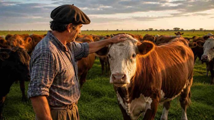 productor-ganadero-con-hereford-en-pastura-natural-ruralnet Productor ganadero con camisa a cuadros y boina acariciando una vaca Hereford en un potrero de pastura natural, rodeado de bovinos bajo la luz cálida del atardecer en la región pampeana.