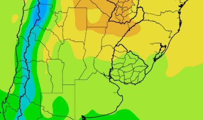 pronostico-de-precipitaciones-para-argentina-y-paises-limitrofes Mapa de pronóstico de precipitaciones para Argentina y países limítrofes, con áreas de mayores acumulados sobre la cordillera y el oeste del país, y lluvias más moderadas en la región pampeana, el Litoral y Uruguay.