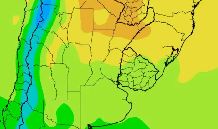 Mapa de pronóstico de precipitaciones para Argentina y países limítrofes, con áreas de mayores acumulados sobre la cordillera y el oeste del país, y lluvias más moderadas en la región pampeana, el Litoral y Uruguay.
