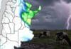 Pronóstico de lluvias hasta el 29 de junio Mapa de pronóstico de lluvias para Argentina con acumulados previstos sobre el centro y noreste del país, acompañado por una escena rural con vacas Holando Argentino pastando bajo una tormenta eléctrica con relámpagos.