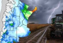 Pronóstico agrícola hasta el 6 de julio: lluvias en el norte y ventana de trabajo en el centro Mapa del pronóstico de lluvias acumuladas en Argentina hasta el 6 de julio, acompañado por un lote de soja maduro con un tractor Deutz encajado en el barro bajo una tormenta con relámpagos, ilustrando el impacto de las precipitaciones sobre la campaña agrícola.