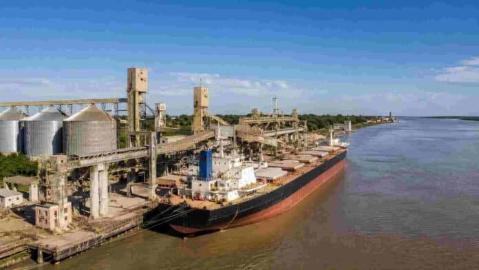puerto-concepcion-uruguay-exportacion-harina-soja Buque carguero en el puerto de Concepción del Uruguay, Entre Ríos, durante una operación de exportación de harina de soja.