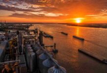 La soja cerró la semana a la baja en Rosario siguiendo la caída de Chicago Vista aérea del puerto de Rosario al atardecer, con silos y elevadores de granos junto al río Paraná y barcazas navegando bajo un cielo dorado.