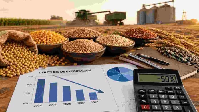 reduccion-retenciones-granos-impuestos-agro-ruralnet Granos de soja, maíz, trigo, girasol y sorgo junto a herramientas de análisis económico en un entorno agroindustrial, representando la reducción de los derechos de exportación y su impacto en el sector agropecuario argentino.