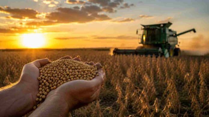 Productor sostiene granos de soja frente a una cosechadora trabajando al atardecer en un campo argentino, en una escena vinculada al comercio exterior y las retenciones agropecuarias.