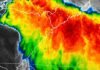 Tormentas con granizo y hasta 80 mm de lluvia amenazan el NEA: alerta en Chaco, Corrientes, Formosa y Misiones Imagen satelital meteorológica con nubosidad intensa y colores vívidos sobre el norte argentino, asociada a tormentas fuertes y áreas de inestabilidad.