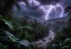El SMN alerta por tormentas con granizo en Misiones y viento Zonda en Jujuy y Salta Selva misionera bajo lluvia torrencial, con vegetación subtropical empapada, cielo oscuro de tormenta y un relámpago iluminando el paisaje.