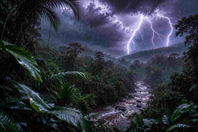 Selva misionera bajo lluvia torrencial, con vegetación subtropical empapada, cielo oscuro de tormenta y un relámpago iluminando el paisaje.