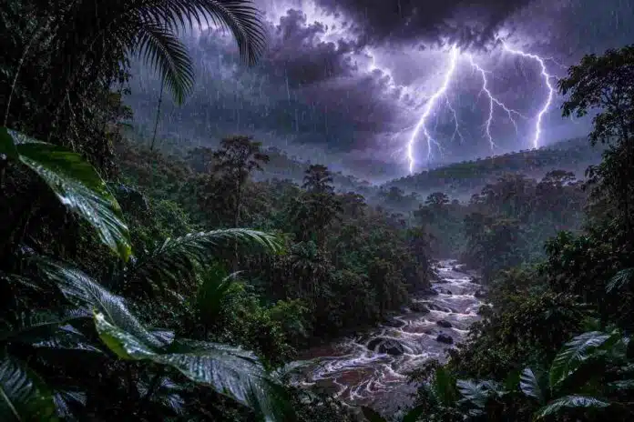 selva-misionera-lluvia-torrencial-relampago-ruralnet Selva misionera bajo lluvia torrencial, con vegetación subtropical empapada, cielo oscuro de tormenta y un relámpago iluminando el paisaje.